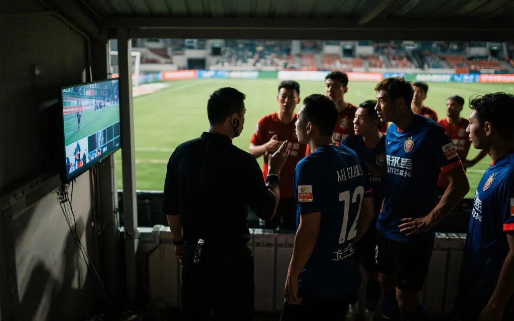 裁判观看场边回放屏幕，球员围绕讨论，紧张氛围，纪实摄影风