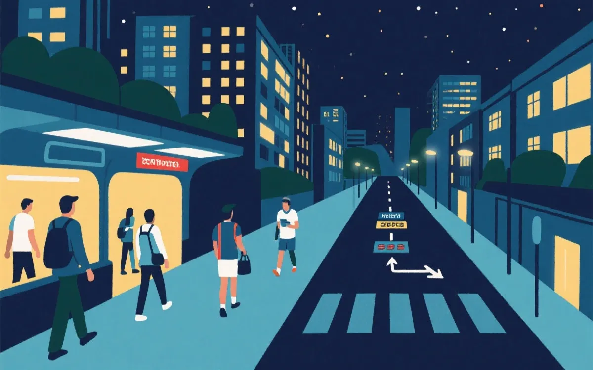 比赛夜晚球迷从地铁站回到住宿区的安全动线示意插画